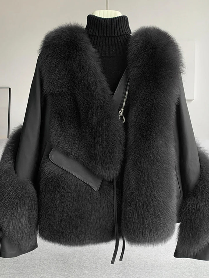 Women’s thick warm real fur coat in black with zip front, faux fur panels, and ribbed neck
