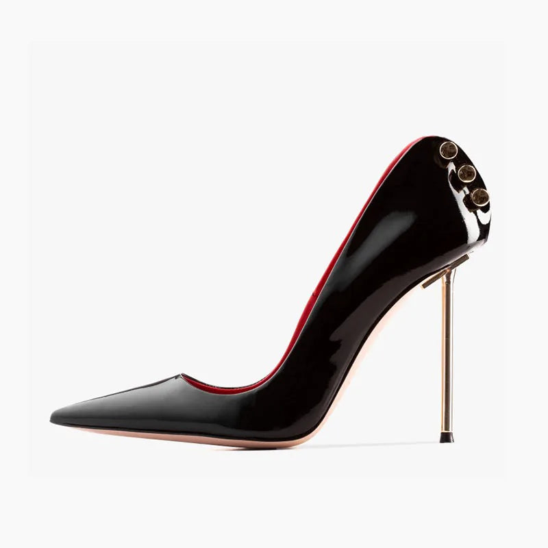 Black pointed-toe leather heel pump with red lining and tall stiletto
