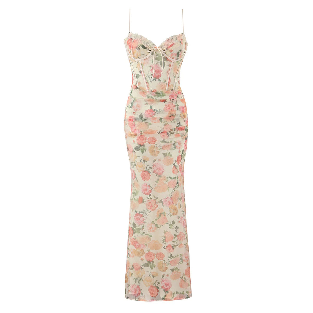 Floral print bodycon maxi dress with sweetheart bust and thin spaghetti straps