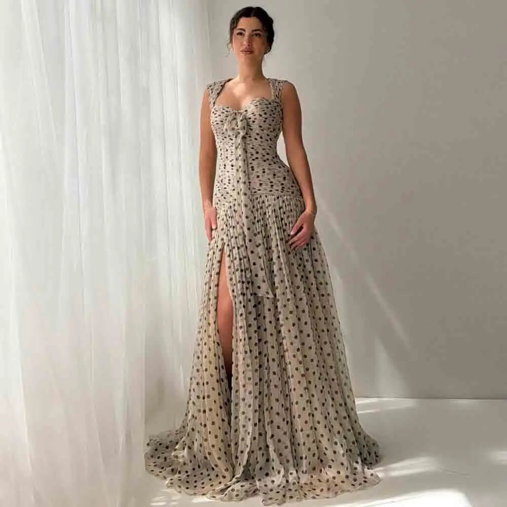 Polka dot chiffon evening dress with sweetheart neckline and side slit, off-white
