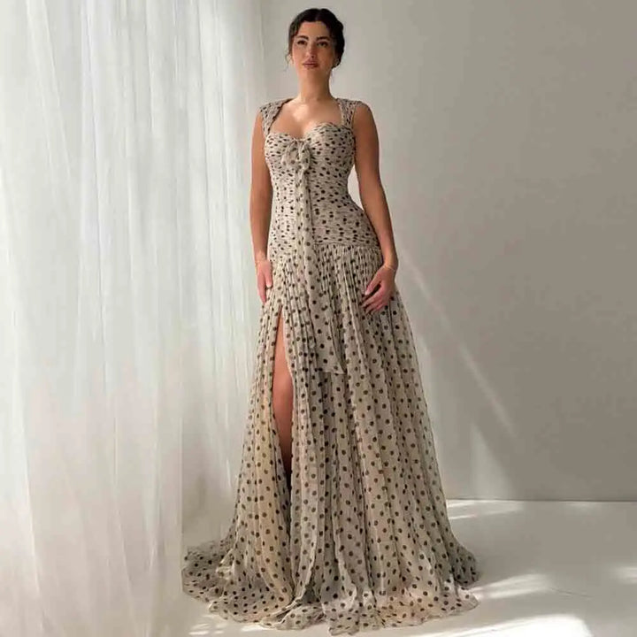 Polka dot chiffon evening dress with sweetheart neckline and side slit, off-white