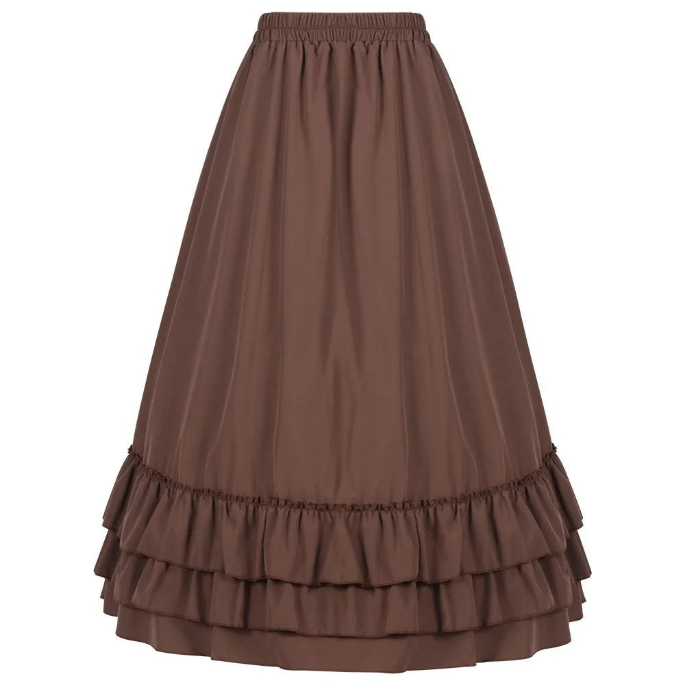Brown tiered ruffle long skirt with gathered elastic waist