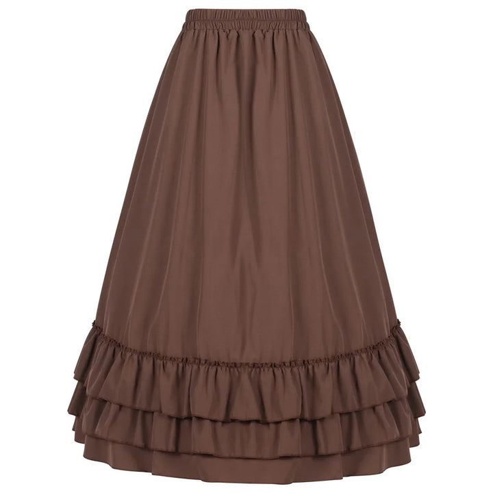 Brown tiered ruffle long skirt with gathered elastic waist