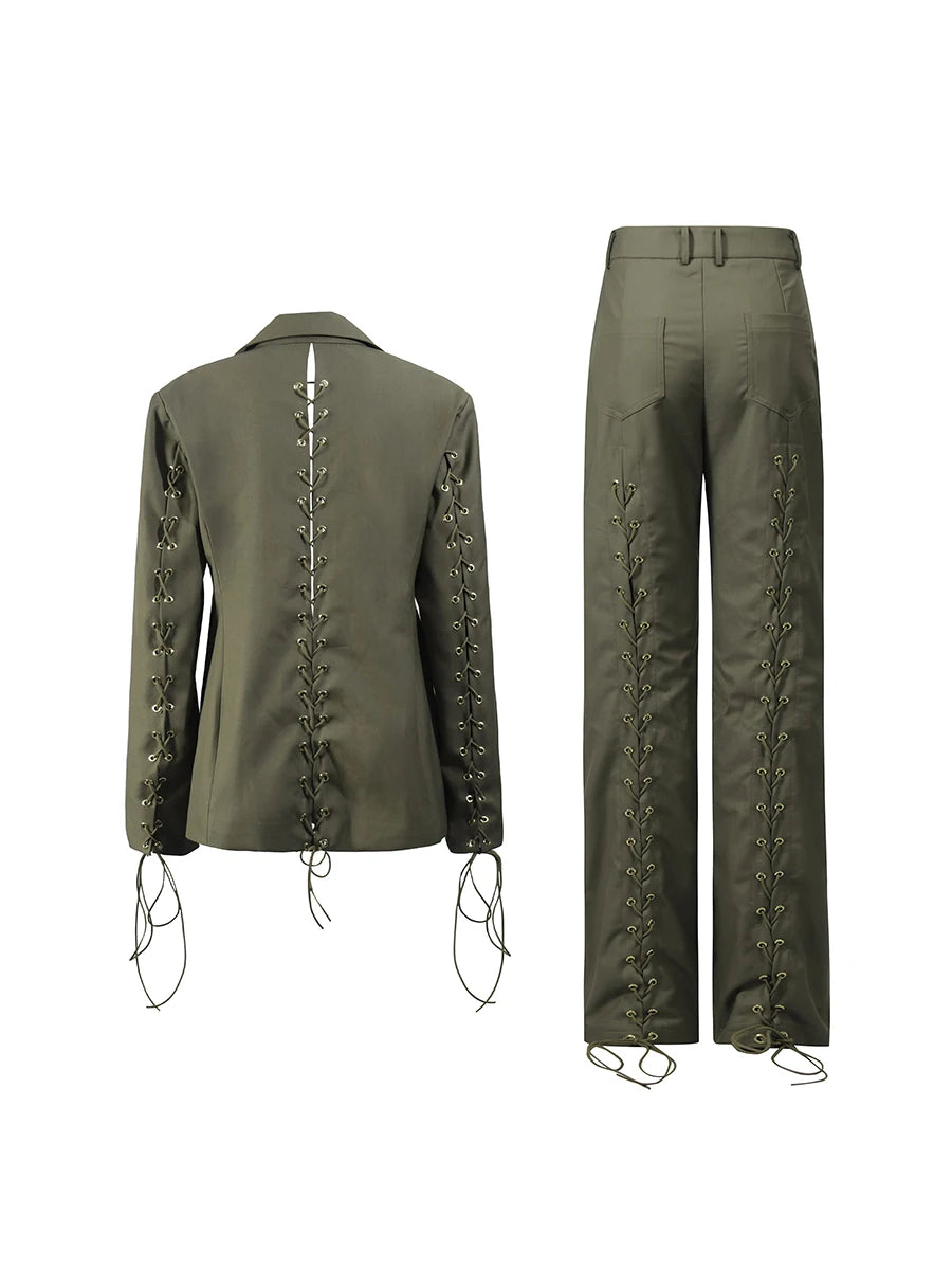 Spliced Lace-Up Women's Two-Piece Suit