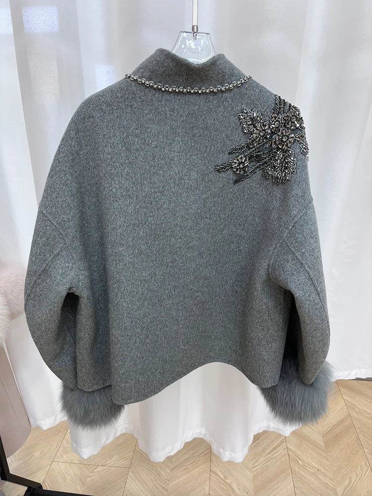 Real Natural Warm Wool Fur Cuff Coat