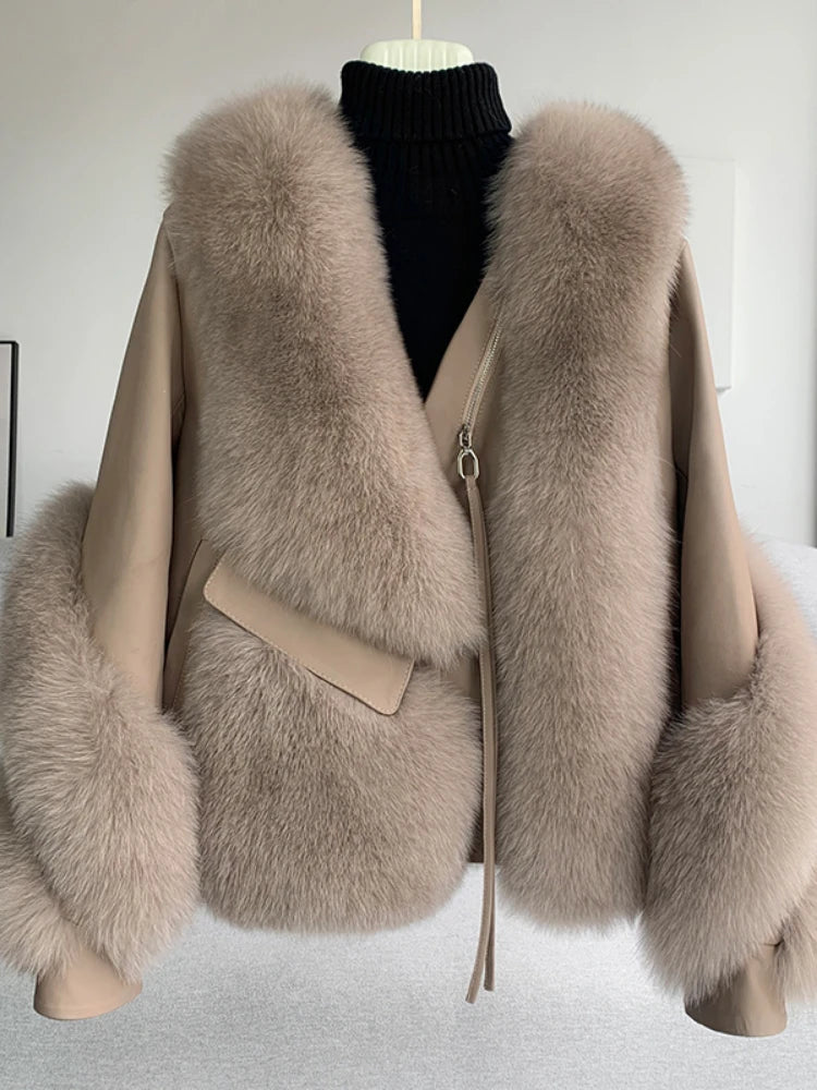 Women’s thick faux fur coat with open front and faux fur collar, light gray-beige