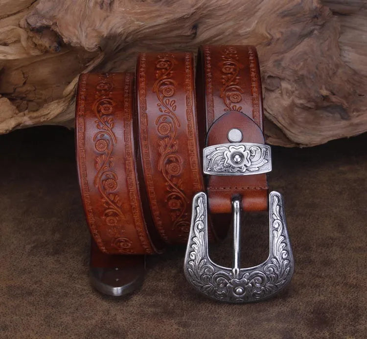 Punk Embossed Western Cowboy Leather Belt