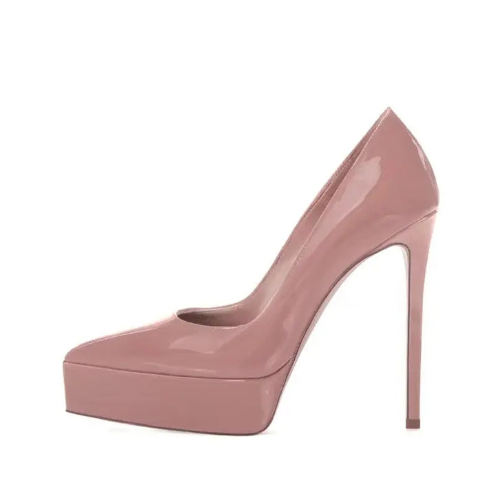 Dusty pink patent leather pointed-toe pumps with high stiletto heel
