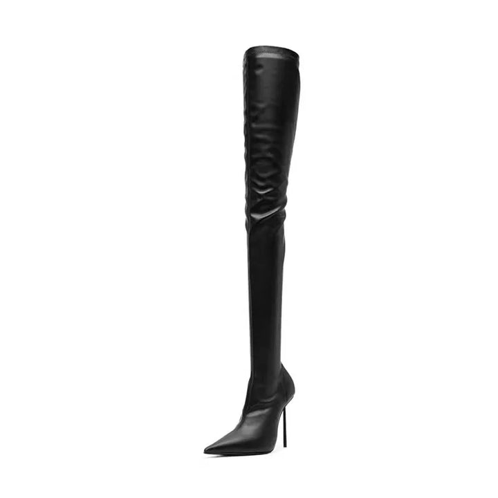 Black over-the-knee heeled boot with ruched shaft and stiletto heel, side view