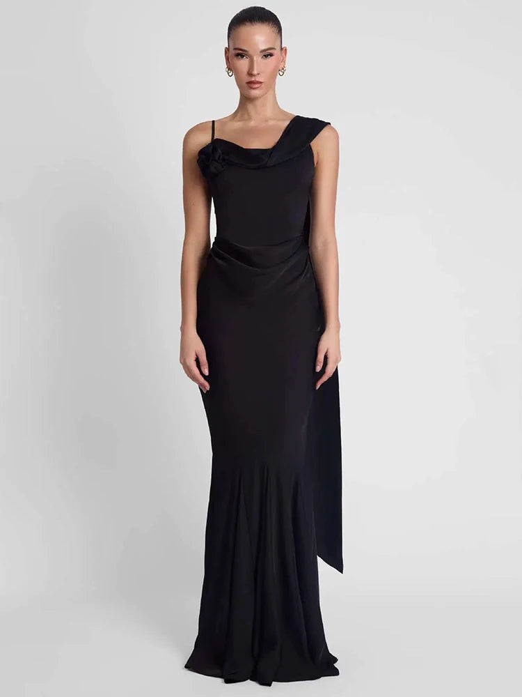 Black satin maxi dress, sleeveless draped neckline, ruched bodice, flared hem, long sash