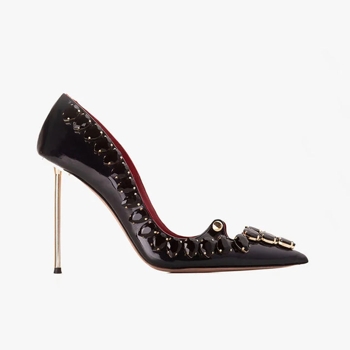 Black pointed-toe crystal heel pump with high stiletto and side crystal trim