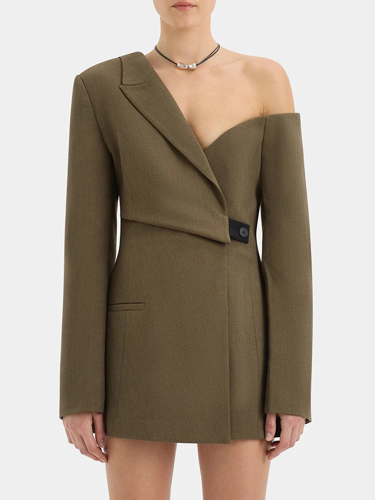 Coffee brown backless slim-fit blazer, front view with notched lapel and button