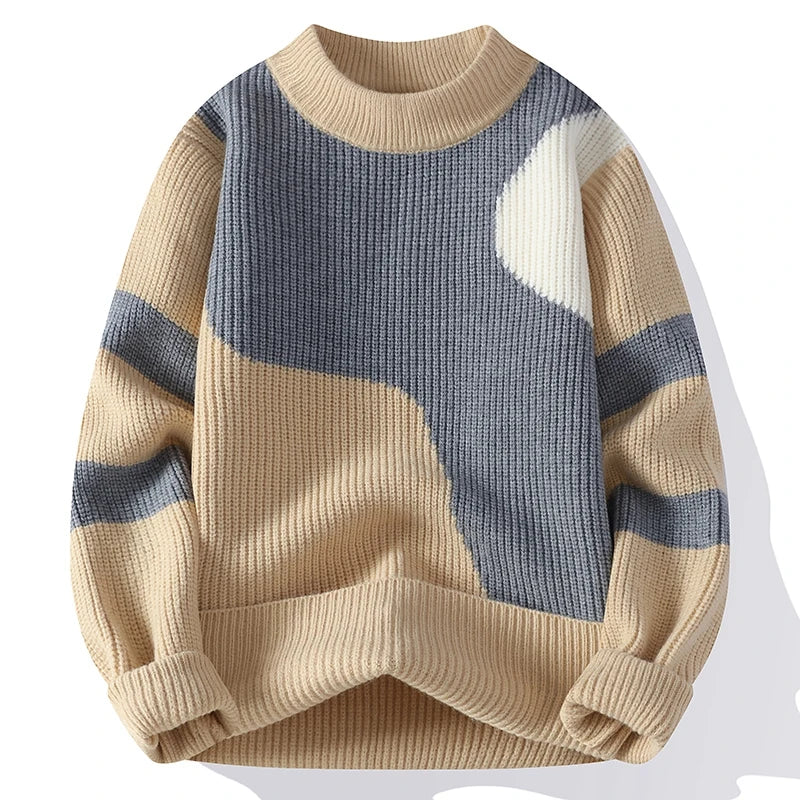 Men's knitted pullover sweater, tan and dark gray-blue color-block knit with ribbed hem