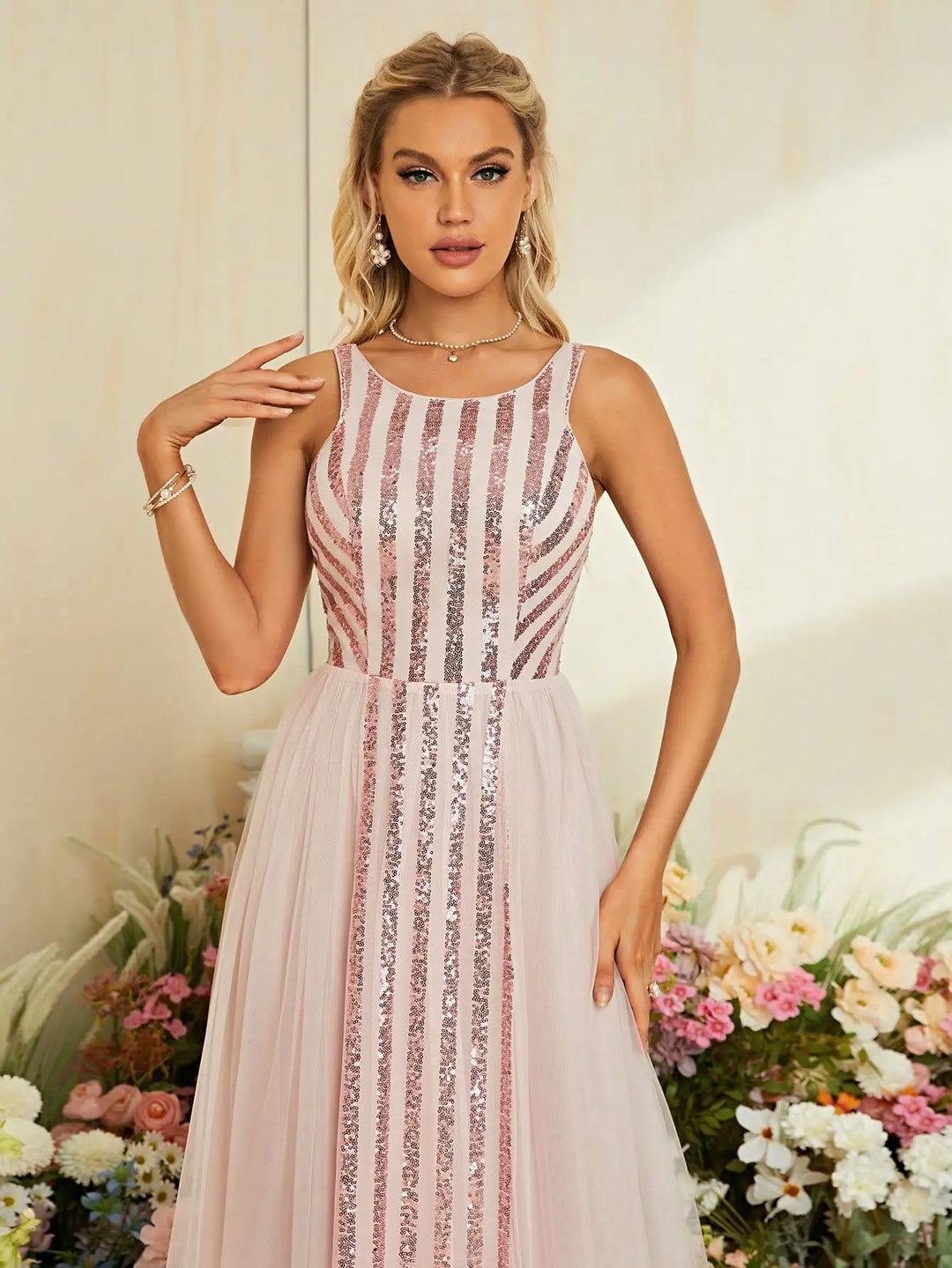 Elegant Striped Sequins Evening Dress