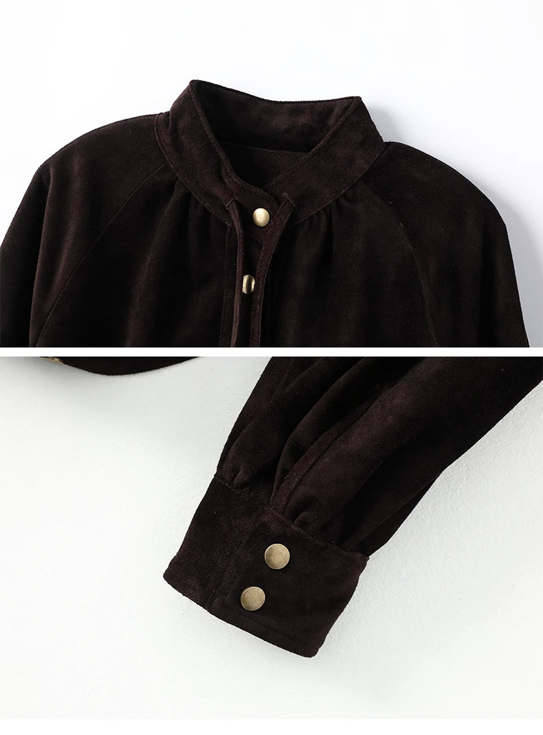 Dark brown hooded jacket collar and button placket with gold snaps
