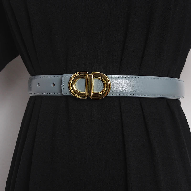 Light khaki beige narrow leather waist belt with gold-tone double D buckle