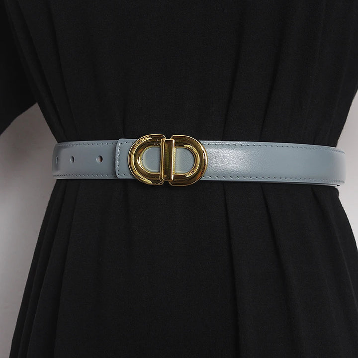 Light khaki beige narrow leather waist belt with gold-tone double D buckle