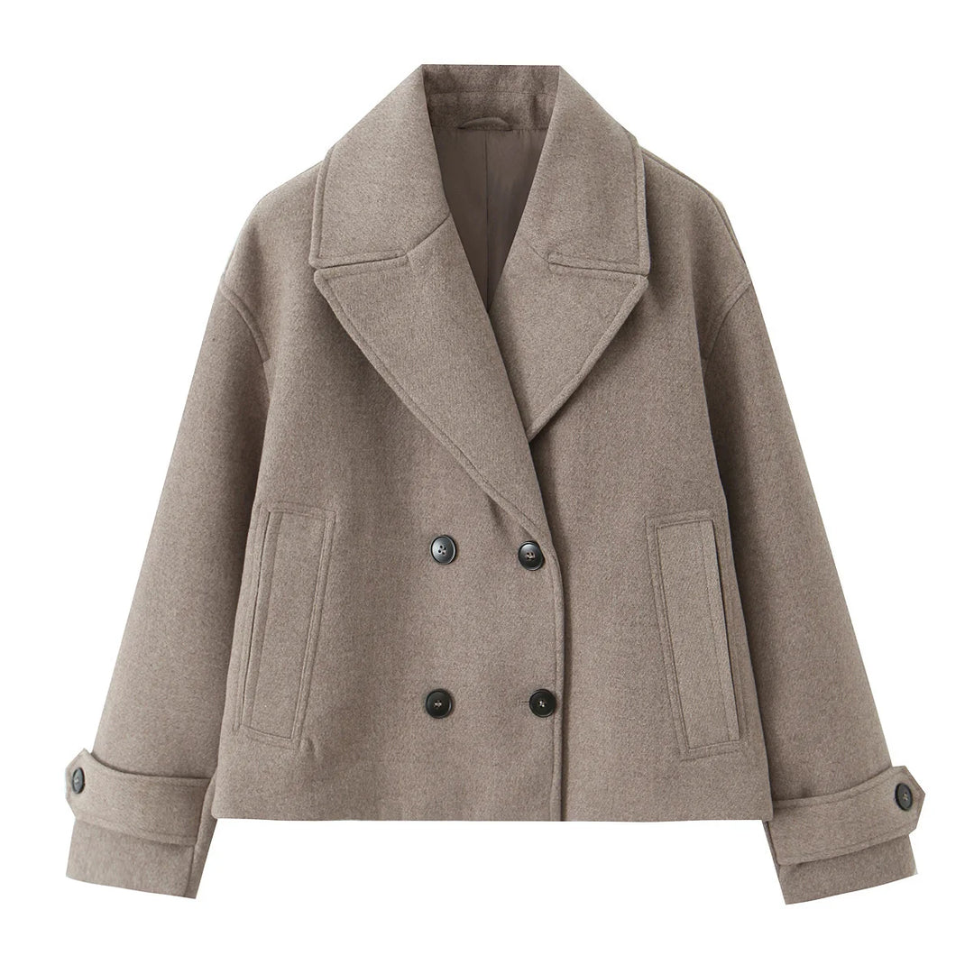 Beige short double-breasted overcoat with notched lapels and flap pockets