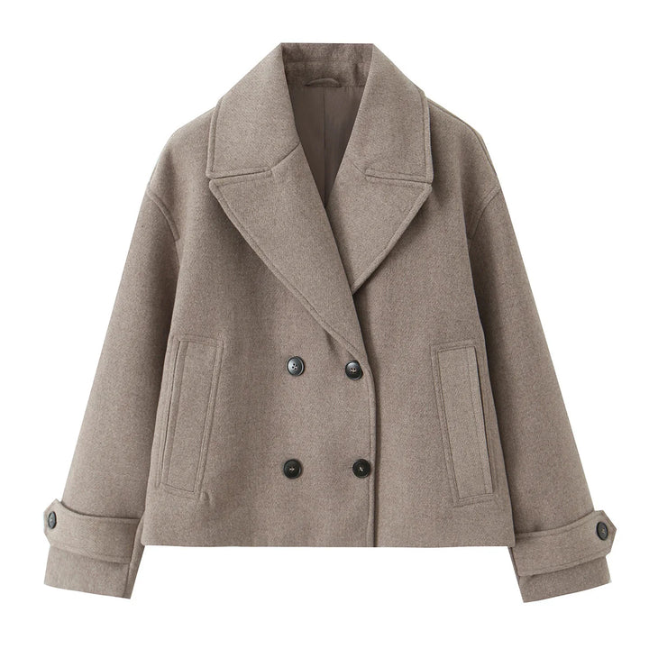 Beige short double-breasted overcoat with notched lapels and flap pockets