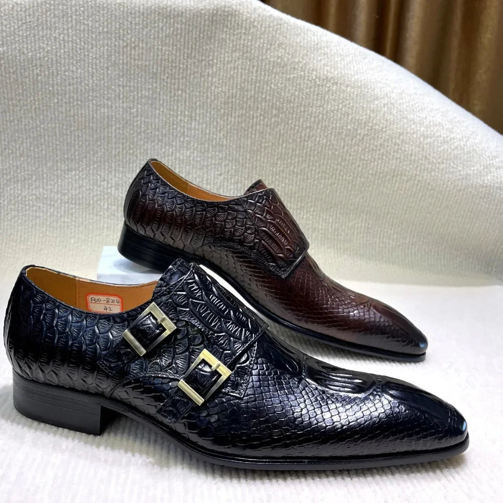 Men's coffee-brown embossed oxford dress shoes with double buckle strap details