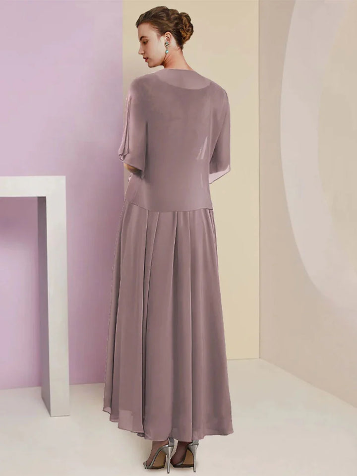 Lavender tea-length chiffon gown, back view with layered flutter sleeves