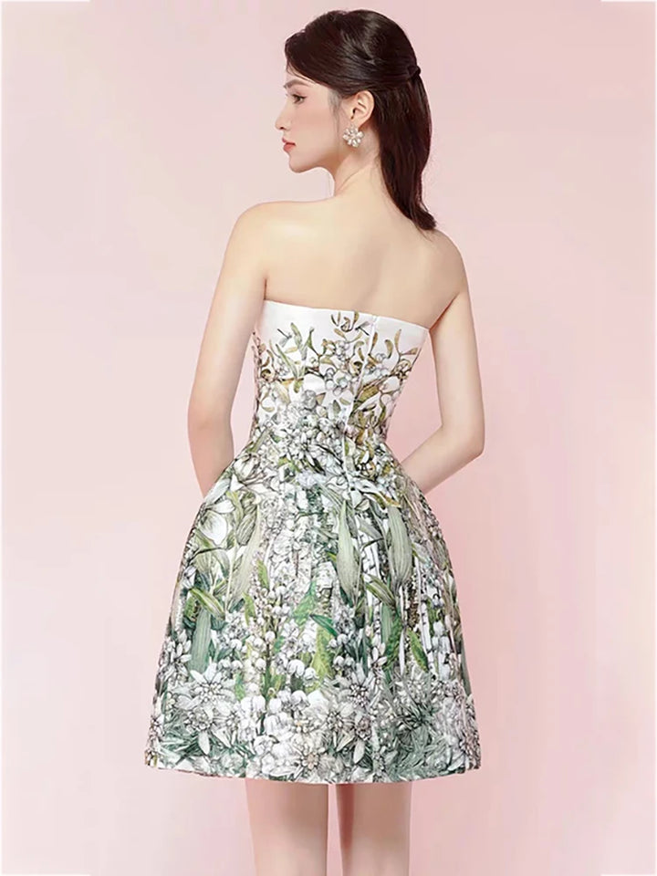 Green Floral Strapless Dress