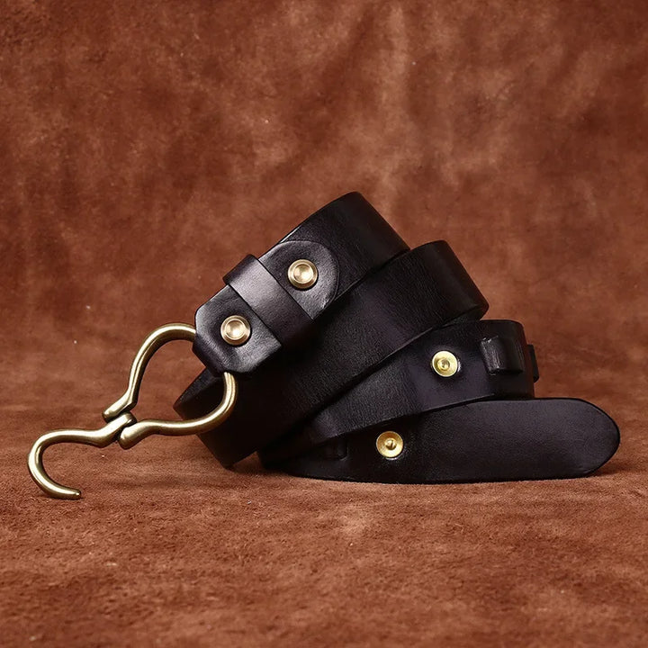 Black leather belt with brass hook buckle and double keeper straps with gold studs