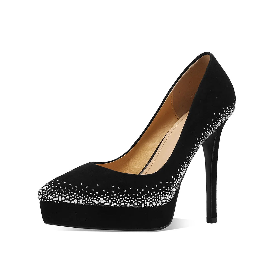 Black suede crystal-embellished pointed-toe pumps with platform sole and stiletto heel