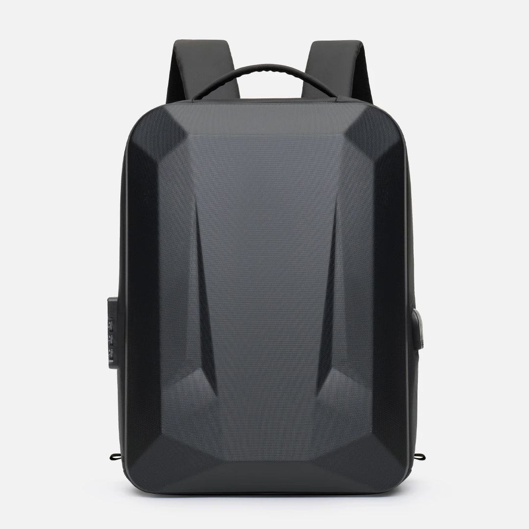 Hard shell expandable bag backpack, front view with geometric molded panels and top handle