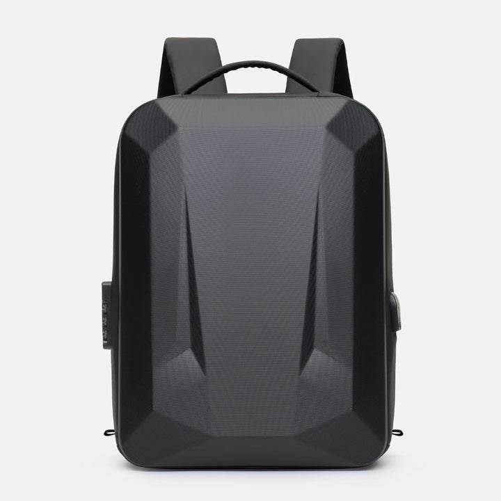 Hard shell expandable bag backpack, front view with geometric molded panels and top handle