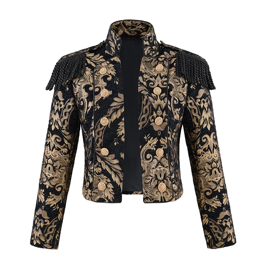 Women’s steampunk coat with black and gold ornate brocade, stand collar, open front