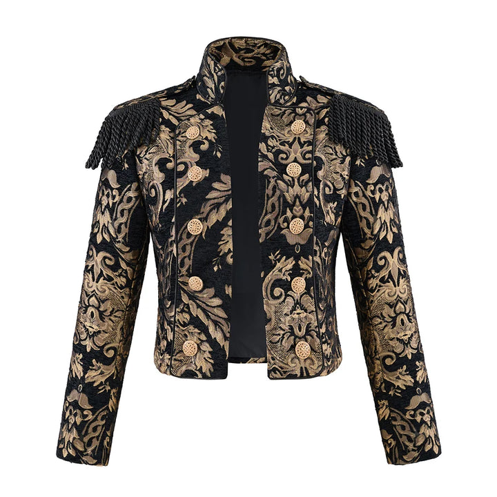 Women’s steampunk coat with black and gold ornate brocade, stand collar, open front