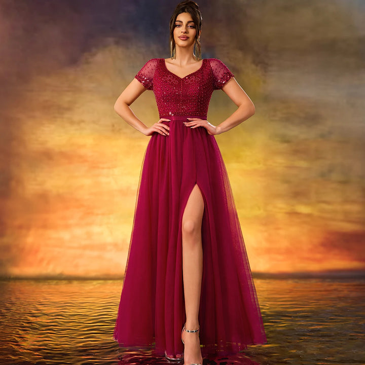 Lovely Beaded High Slit Prom Dress
