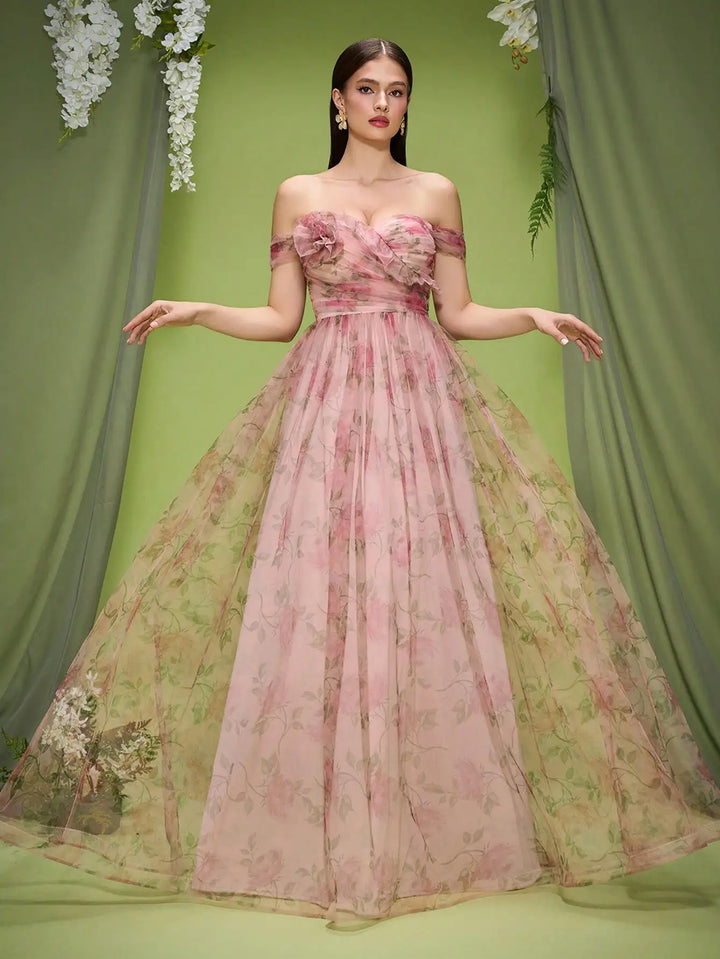 Diligent 3D Floral Mesh Evening Party Dress