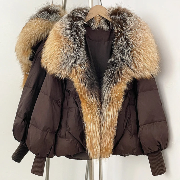 Brown puffer coat with oversized multitone faux-fur collar and front zip, rib-knit cuffs