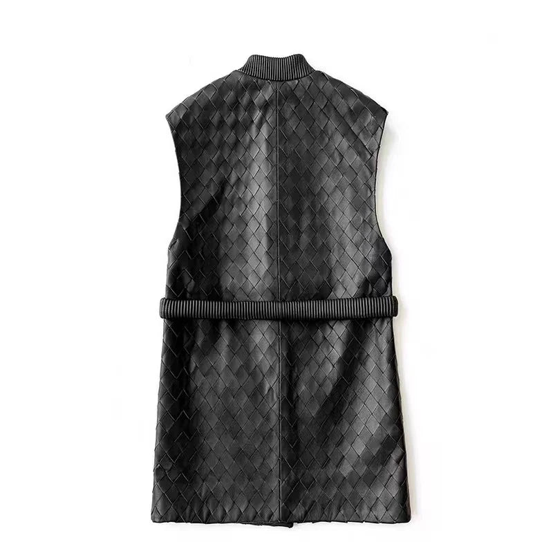 Black knitted sheepskin long vest with button-front and waist belt