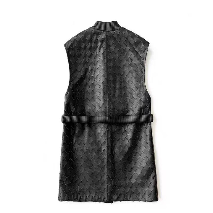 Black knitted sheepskin long vest with button-front and waist belt