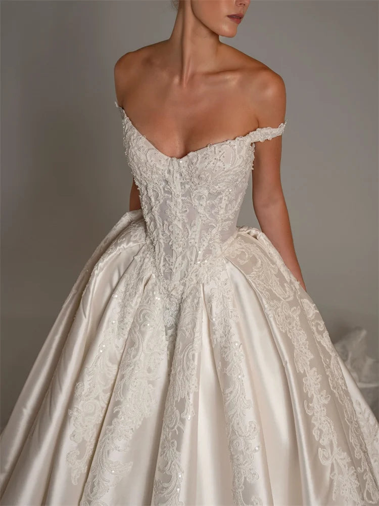 Sweet Off Shoulder Lace-Up Bridal Gown