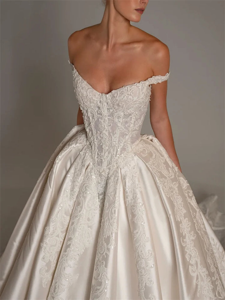 Sweet Off Shoulder Lace-Up Bridal Gown