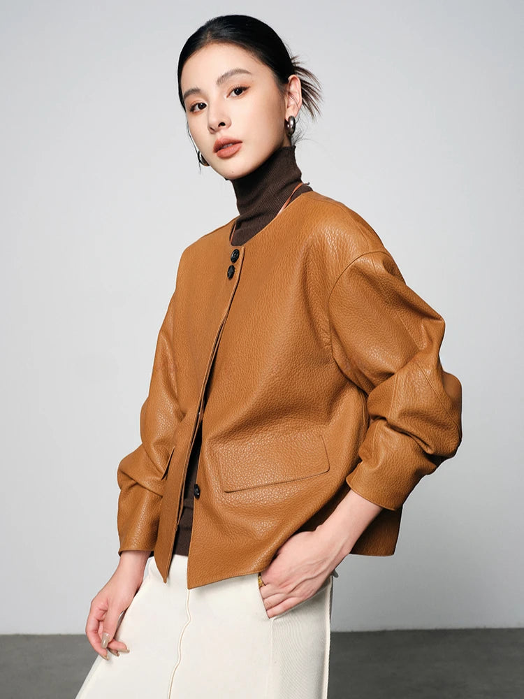 Ginger-brown leather short jacket with stand collar and front snap placket