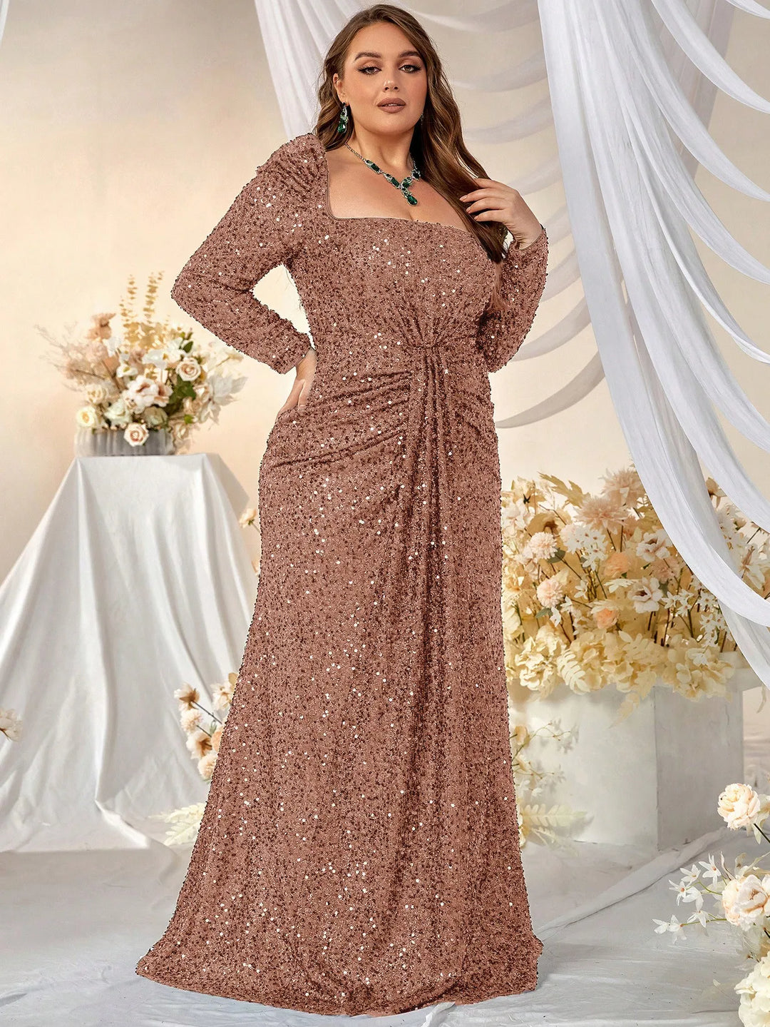 Sequins Square Neck Plus Size Evening Dress