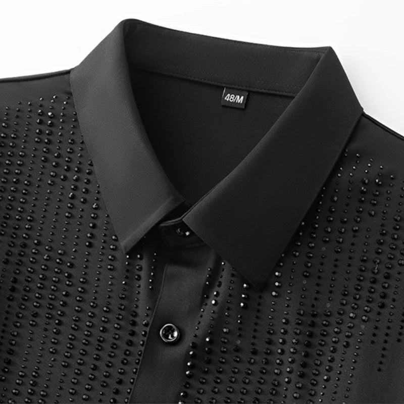 Black rhinestone casual shirt with studded front and button-down collar