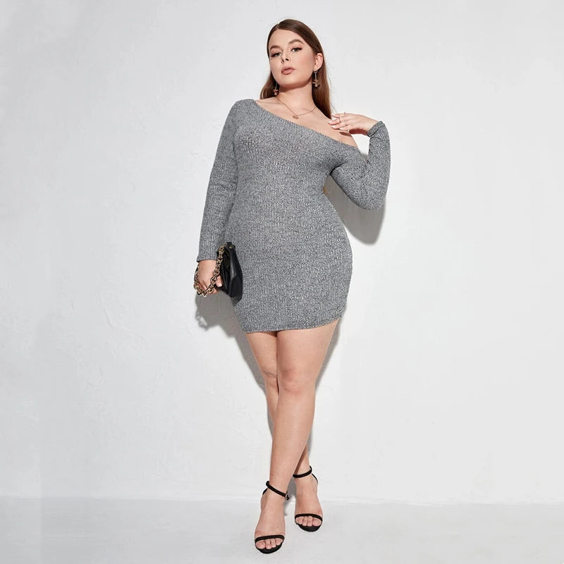 Sweet Oblique Neck Plus Size Casual Dress