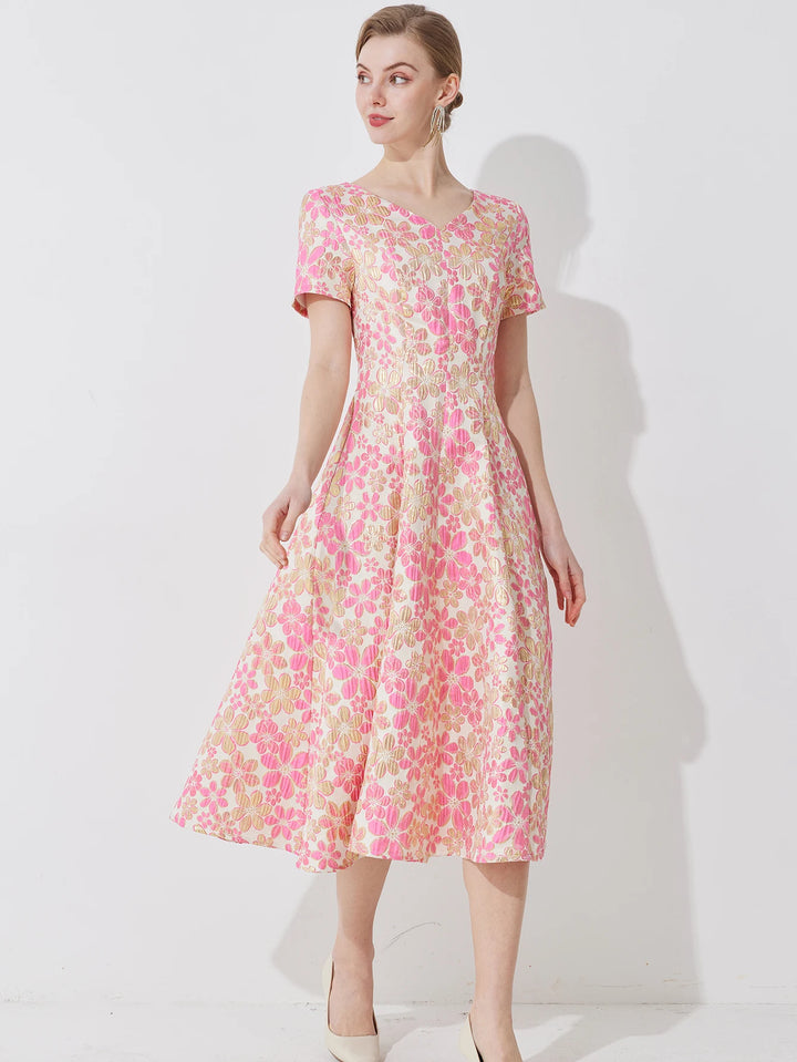 Artistic Floral Waist-Cinched Evening Dress