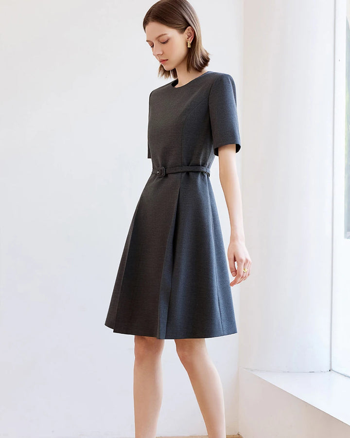 Dark A-line office dress with short sleeves and belt tie at the waist