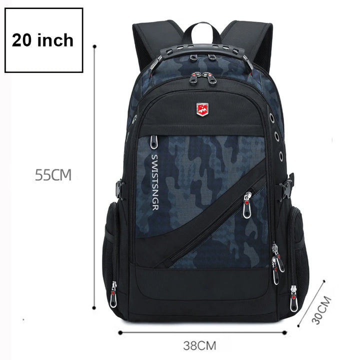 20-inch waterproof laptop backpack with dark blue camouflage front panel and side pockets