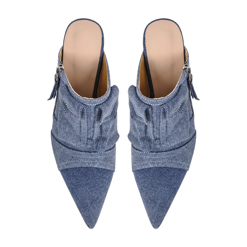 Denim Pointed Toe Stiletto Mules