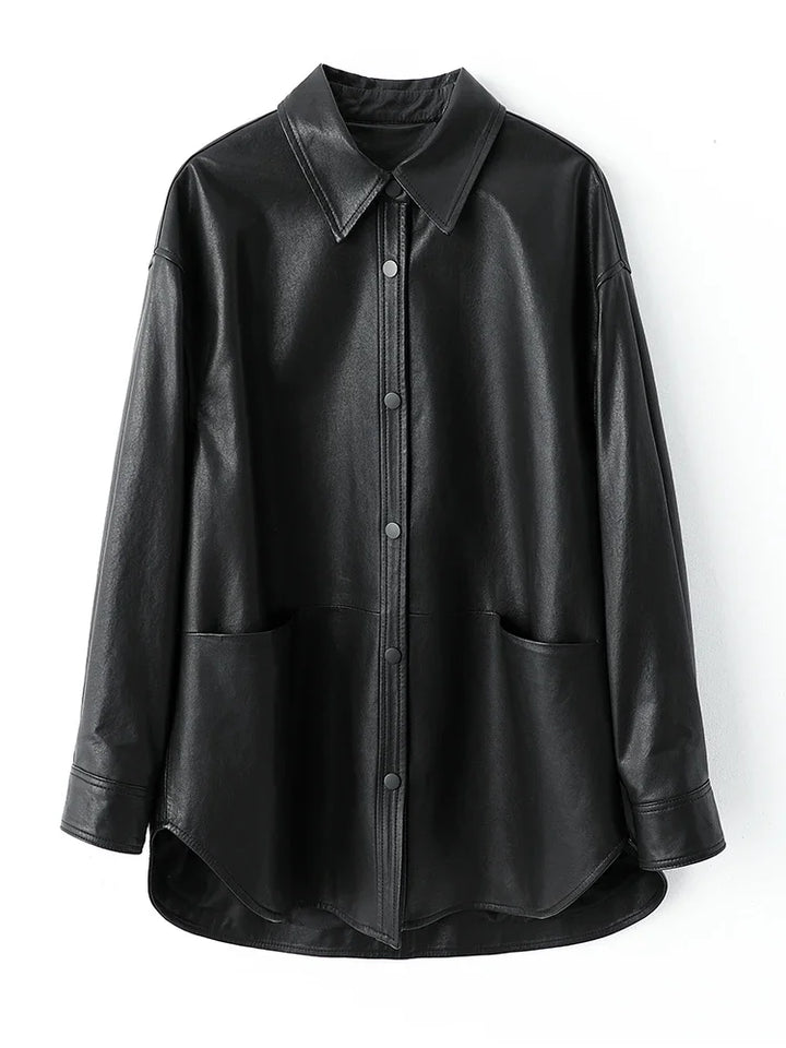 Black leather shirt jacket with pointed collar, button front, two chest pockets