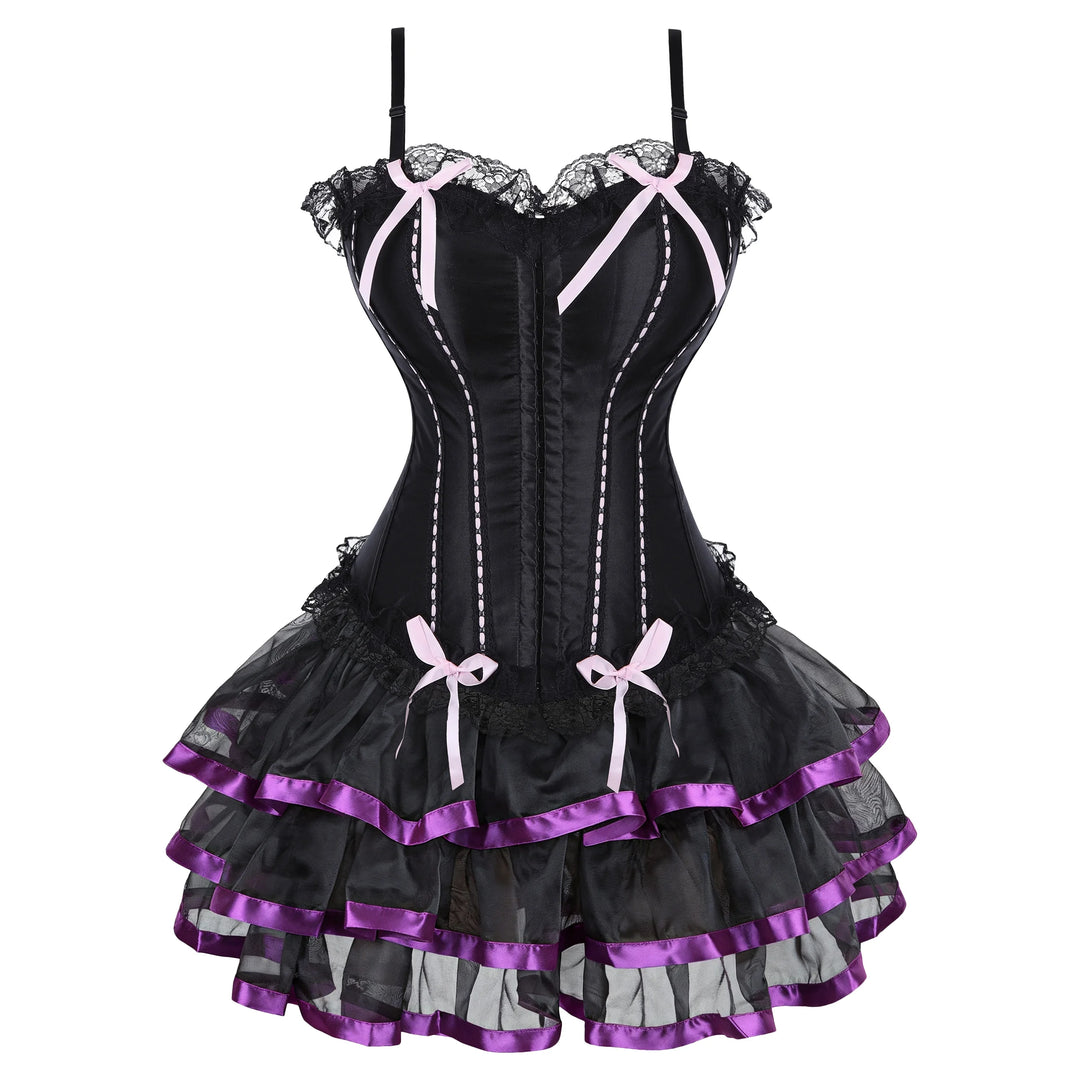 Black corset dress with pink bows, purple accents, and tiered ruffle skirt