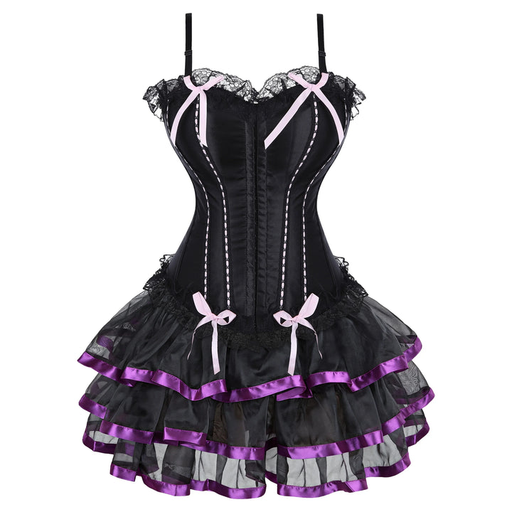 Black corset dress with pink bows, purple accents, and tiered ruffle skirt